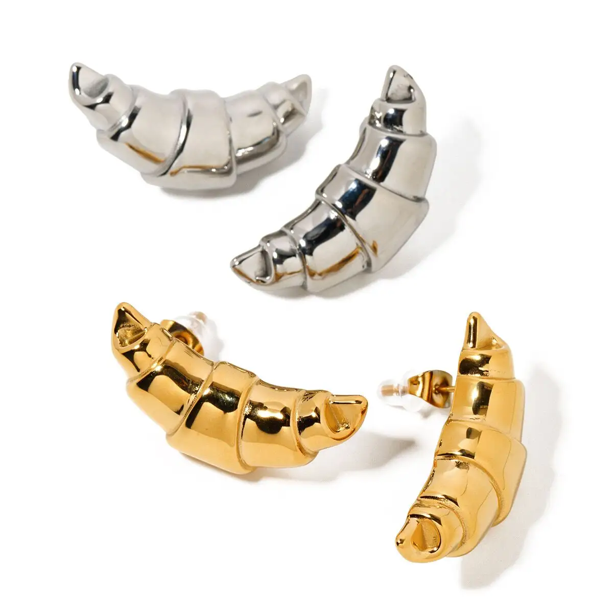 미노스 새로운 디자인 귀걸이 스터드 스테인레스 스틸 316L PVD 금도금 귀여운 청키 불규칙한 크로와상 귀걸이 매일 착용