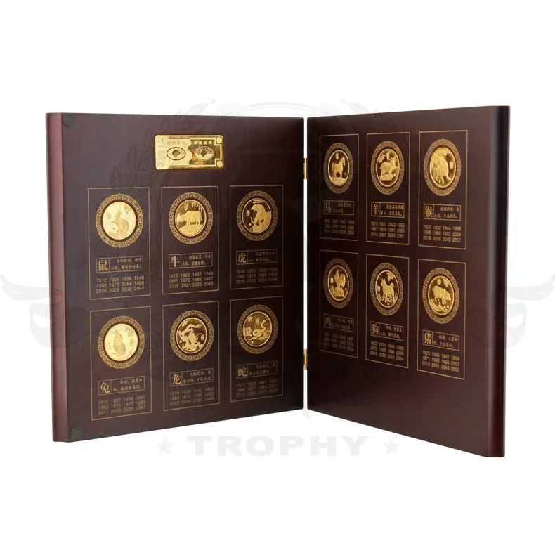 Custom Souvenir 24k gold Coins Wooden Collecting Album Souvenir cup and Gold Foil Animal Coins Business Gifts