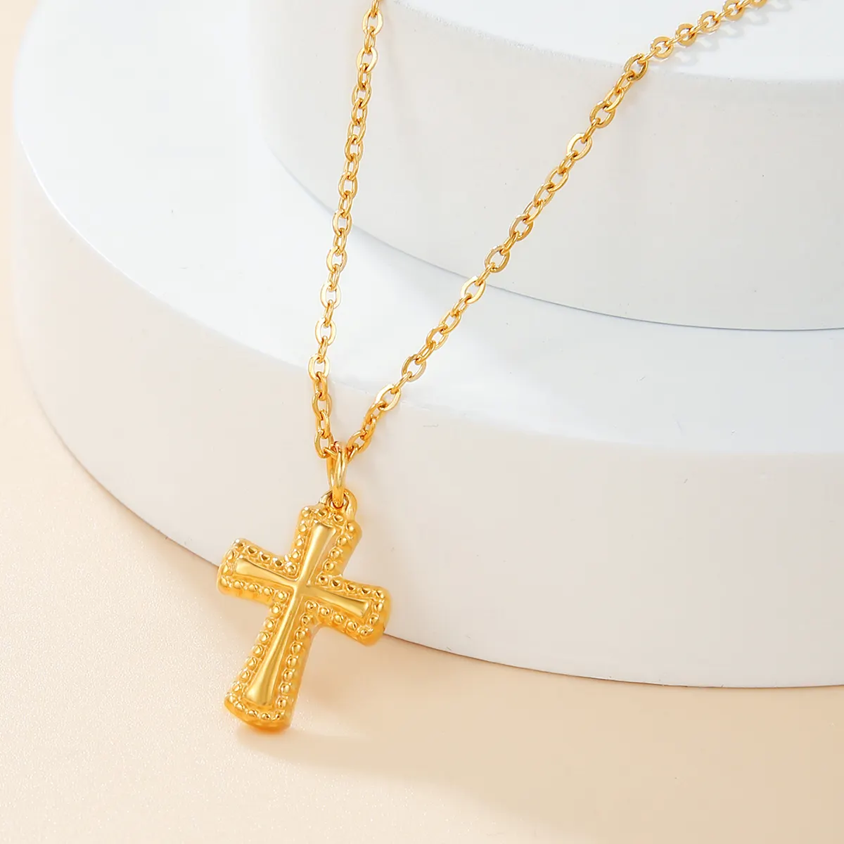 18K Gold Plated Stainless Steel Tiny Cross Pendant Necklace New Design Key Pattern Religious Gifts Engagements Jewelry Sets