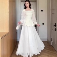 2026 신상 가을 도매 3D 플라워 페플럼 탑 하이웨이스트 맥시 스커트 세트 프렌치 시크 우아한 화이트 파티 가운 투피스 세트