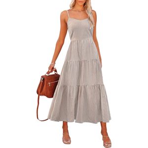 Womens Summer Striped Midi Dress <b>Spaghetti</b> <b>Strap</b> Tiered A-Line Casual Beach Vacation Sundress Breathable Woven Fabric - Product Image 1