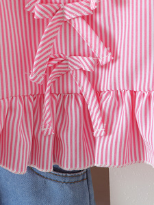 Girl and White Striped <b>Bubble</b> Sleeve <b>Top</b> Paired With 3D Floral Design Shorts Girl Clothes - Product Image 4