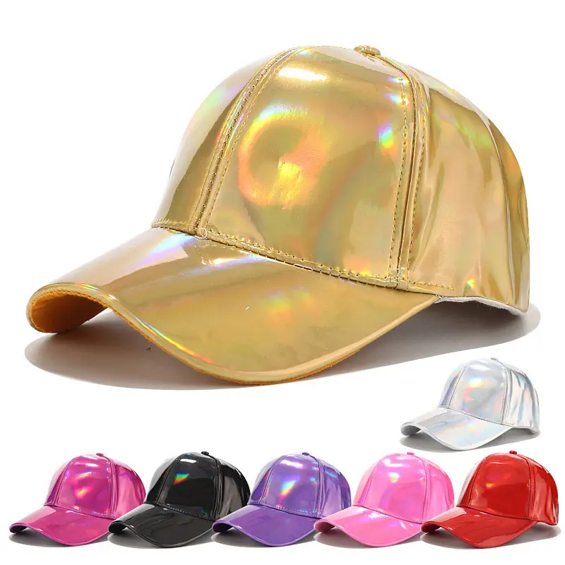 Kadın erkek sahte deri beyzbol şapkası Glitter metalik holografik gökkuşağı yansıtıcı Hip Hop ayarlanabilir Strapback şapka doruğa