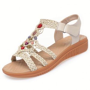 Bohemian Thick Sole Sandals Women Summer Outer Wear Hollow Out Woven Roman <b>Shoes</b> Wedge Flat <b>Beach</b> Casual Footwear - Product Image 4