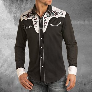 Chemises de cow-boy occidentales <span class=keywords><strong>pour</strong></span> hommes automne 2024, Camisas De Manga Larga, chemises à manches longues vintage à imprimé crâne et <span class=keywords><strong>fleurs</strong></span>, boutons-pression - Product Image 1