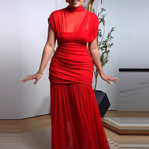 <span class=keywords><strong>Nouvelle</strong></span> robe marron foncé plissée sans manches avec empiècements transparents, style européen et américain pour femmes - Product Image 5