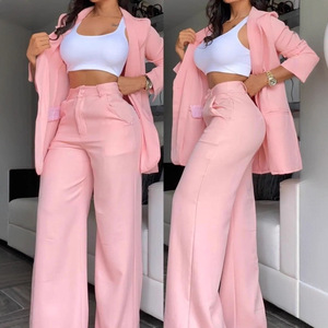 Fashionable 2026 <strong>Women</strong> <strong>s</strong> Solid Color Suit <strong>Set</strong> with Split Sleeve Detail Lapel Collar and Straight Leg Trousers - Product Image 3