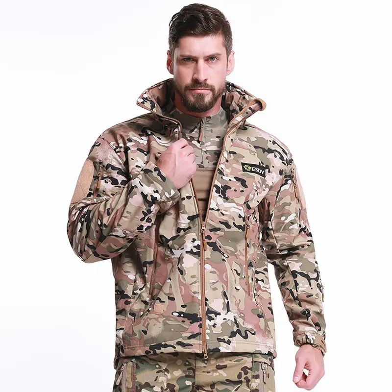 Fashion Custom Camo Mens Fleece Jacket Softshell Outdoor Casual Coats With Multi-functional Pocket