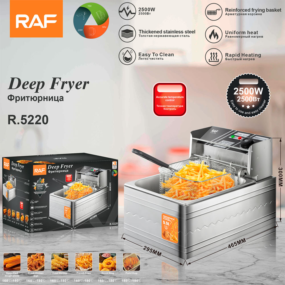 RAF Commercial 5.5L Stainless Steel Deep Fryer for Home Cooking