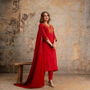 Salwar Kameez en coton brodé rouge à double empiècement, longueur genou, tenue ethnique traditionnelle pour femme, style mariage Inde Pakistan, livraison rapide - Product Image 1