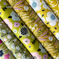 Tissu Fleuri Bleu Rose Jaune en Coton Popeline Voile Léger 76 g/m² Imprimé Numérique Personnalisable, Prédécoupé en Lot