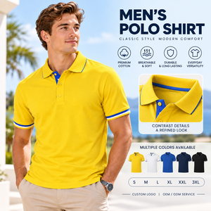 Camiseta Polo Amarilla para Hombre, Logotipo Personalizado, Camiseta Polo de Algodón de Manga Corta, Cuello en Contraste, Transpirable, Informal, Uniforme de Golf - Product Image 1