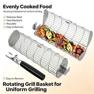 Lot de 2 paniers de cuisson roulants emboîtables en acier inoxydable, outils de barbecue rotatifs pour charbon de bois, poignée métallique amovible polie pour le camping - Product Image 2