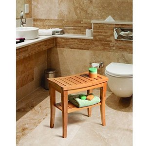 <b>Bamboo</b> Bathroom <b>Stool</b> 48x24.5x45cm 2-Shelf Storage Seat Modern Minimalist Style - Product Image 1