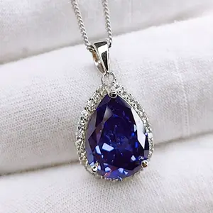 Customize Fine Jewelry Wholesale 6.97ct Pear Shape Sterling Silver Teardrop Blue Tanzanite Pave cZ Halo Pendant Necklace