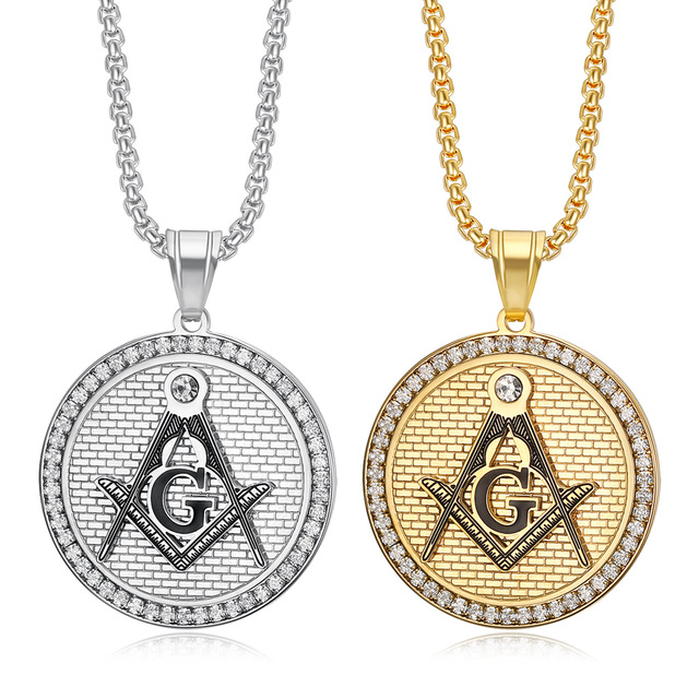 Trending Men's Freemason Statement Charm Hip Hop Stainless Steel PVD Gold Zircon Iced Masonic Pendant Necklace for Party Gift