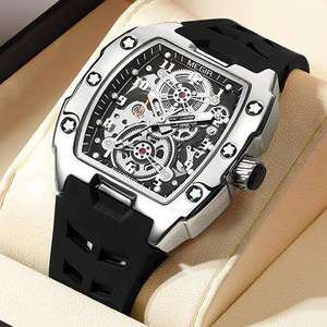 Reloj MEGIR 8602G, Resistente al Agua, Luminoso, de Lujo, con Esfera Tonneau, 8602, Reloj de Pulsera Automático Mecánico para Hombre, con Correa de Goma, Diseño Hueco - Product Image 1