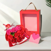 Bouquet de fleurs artificielles en savon rose, boîte cadeau, fenêtre semi-ouverte, 9 roses, cadeau de la Saint-Valentin, cadeau d'anniversaire pour meilleur ami