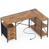 Bureau d'angle en forme de L avec prises électriques et 3 tiroirs pour le gaming, le travail en coin, le bureau à domicile