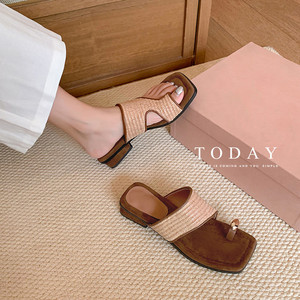 Summer New Style Casual Vacation-style Straw Sandals Fashionable Versatile Chunky Heel Slip-on Waterproof Ankle-wrap Sandals for - Product Image 3