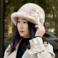 Topi Beanie Bulu Wanita Musim Dingin Dekorasi Bunga 3D dan Pita, Hangat, Berbahan Plush, Model Cuffed, Grosir