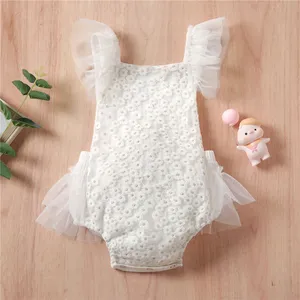 kid clothes wholesale seersucker little white Embroidery Daisies Ruffled Sleeve summer solid newborn spring baby girl rompers