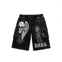 Shorts cargo en jean gothique pour homme, délavé à l'acide, en tissu épais, taille élastique, style streetwear
