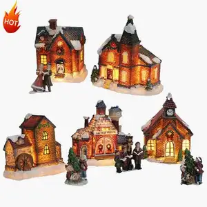 Wholesale Custom Holiday Home Garden Ornaments Resin Christmas Decoration Supplies LED Light Christmas House Village