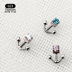 Clous d'oreille en titane en forme d'ancrage, incrustation de zircon 5A, alliage F136, filetage interne pour piercing du cartilage de l'oreille - Product Image 2