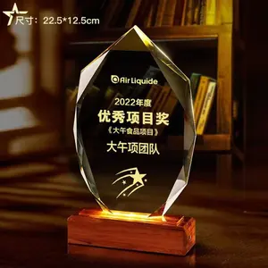 Wholesale Excellent Luminous Glass Awards Trophies Solid Wood base K9 Blank Custom LED Crystal Glass Trophy