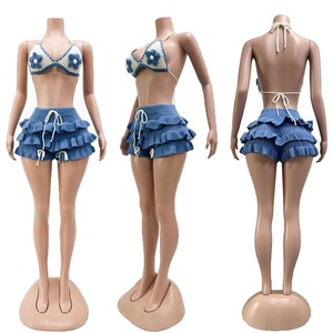 New Summer <strong>Crochet</strong> Knitted <strong>Two</strong> <strong>Pieces</strong> Short <strong>Set</strong> With Knit Halter Top and Ruffled Knit Shorts - Product Image 4