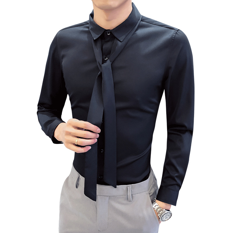 Рубашка мужская с длинным рукавом, Классическая приталенная, с пуговицами, под смокинг, уличная одежда, простой дизайн галстука