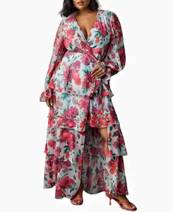 Nuevo estilo bohemio Vestidos florales de gasa Vacaciones largas Vestidos de manga larga Vestido de primavera para mujer