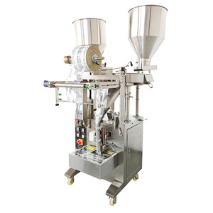 Máquina de envasado automática pequeña de 4 sellos laterales para doble paquete con función de llenado, para empaques de película y madera, con motor central - Product Image 1