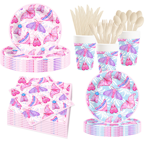 Vajilla Desechable con Tema de Mariposas, Platos y Vasos de Papel, Mantel, Pancarta de Feliz Cumpleaños, Decoración para Fiesta de Cumpleaños de Niñas - Product Image 1