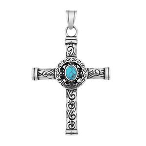 Colgante de Cruz Personalizado de Acero Inoxidable, Joyería Retro Vintage, Colgante de Piedra Turquesa Natural, Collar con Cruz Cristiana para Hombre - Product Image 4