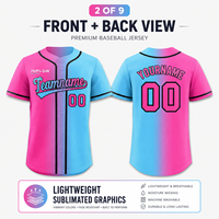 Maillot de baseball personnalisé en gros, manches courtes, boutons sur le devant, impression du nom et du numéro de l'équipe, couleur dégradée, pour adultes