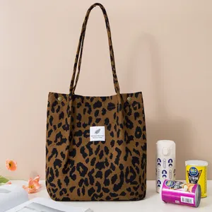 Wholesale Design Hot Selling Leopard Print Corduroy Shopping Tote Bag Environment Recyclable Women's Handbag