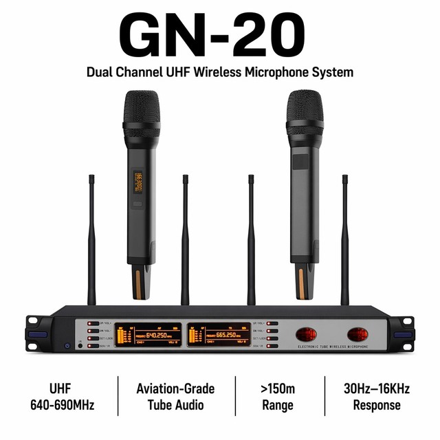 Professional Dual Channel UHF Wireless Microphone System 640-690MHz Long Range Digital Stage Karaoke Conference Microphone
