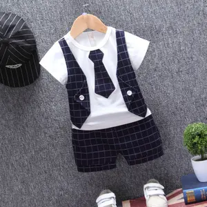 2020 summer boy plaid tie vest short sleeve two-piece suit fake two-piece gentleman vest cheap newborn baby clothing set