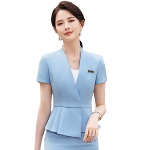 Women's Professional Workwear Black Short Sleeve V Neck Peplum Career Dress Set For Office Bank Hotel Uniform - Product Image 5