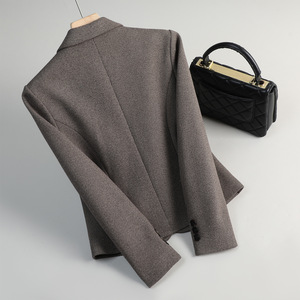 Women's Grey Plaid Suit Jacket Medium Thickness Polyester Worsted Professional Style Spring Autumn Short Top Petite Casual - Product Image 3