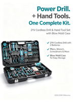 Ensemble complet d'outils électriques avec perceuse sans fil et outils à main, kit de réparation portable dans une mallette de rangement pour l'entretien de la maison et du garage