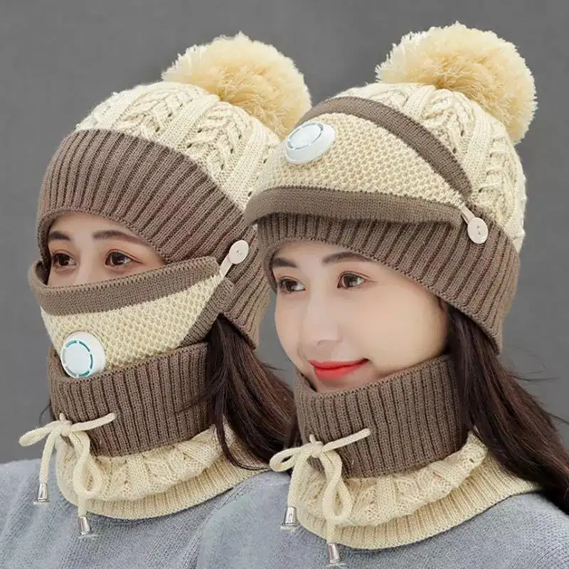 Phụ Nữ Lót Lông Cừu Beanie Knit Hat Winter Scarf Mask Set Cô Gái Ấm Hat Earmuffs Cap Với Pom