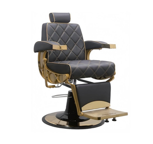 Sillón de Barbería de Lujo Negro y Dorado con Costuras de Diamantes, Respaldo Reclinable Ajustable y Base Hidráulica para Uso en Barberías - Product Image 1