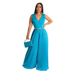 Pantalon large à jambes larges, décontracté, élégant, sans manches, col en V, taille plissée, pour femmes, transfrontalier Europe-Amérique - Product Image 2