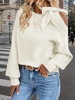 Pull-over en maille acrylique respirant à nœud papillon sur une épaule, couleur unie, tricoté à la machine, pour femme, collection automne