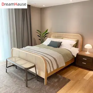 Dreamhause الشمال خشب متين الروطان الطبيعية الفرنسية اليابانية نمط سرير أثاث غرفة نوم فندق 1.5m 1.8 متر سرير مزدوج