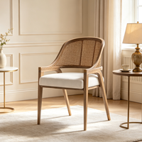 Chaise de salle à manger HLM109 en bois massif brun, style côtier français, avec accoudoirs en rotin tressé, mobilier de salle à manger