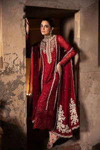 Costume formel 3 pièces rouge, lourdement brodé, avec dupatta de luxe - Product Image 2